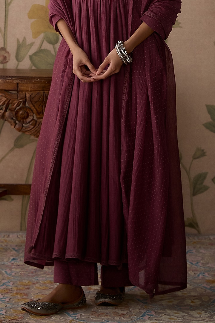 Wine Chanderi Thread Hand Embroidered Gathered A-Line Kurta Set by Kritika Dawar at Pernia's Pop Up Shop