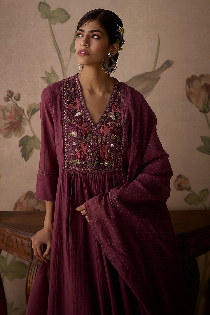 Wine Chanderi Thread Hand Embroidered Gathered A-Line Kurta Set by Kritika Dawar at Pernia's Pop Up Shop