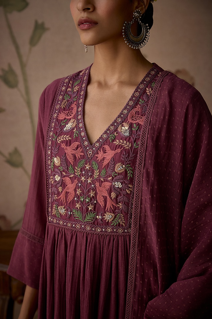 Wine Chanderi Thread Hand Embroidered Gathered A-Line Kurta Set by Kritika Dawar at Pernia's Pop Up Shop