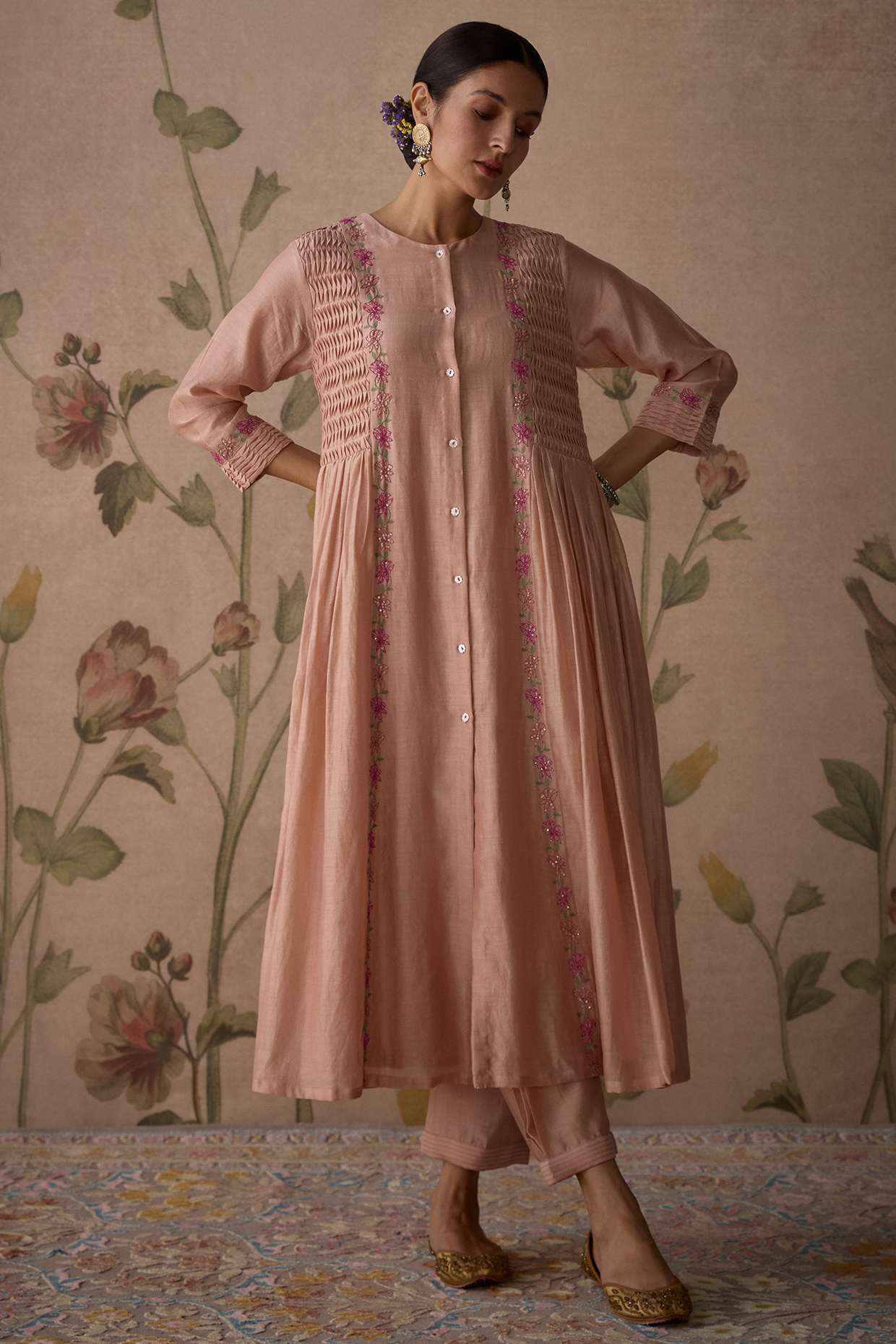 Pink Chanderi Hand Embroidered Front-Open Kurta Set by Kritika Dawar at Pernia's Pop Up Shop