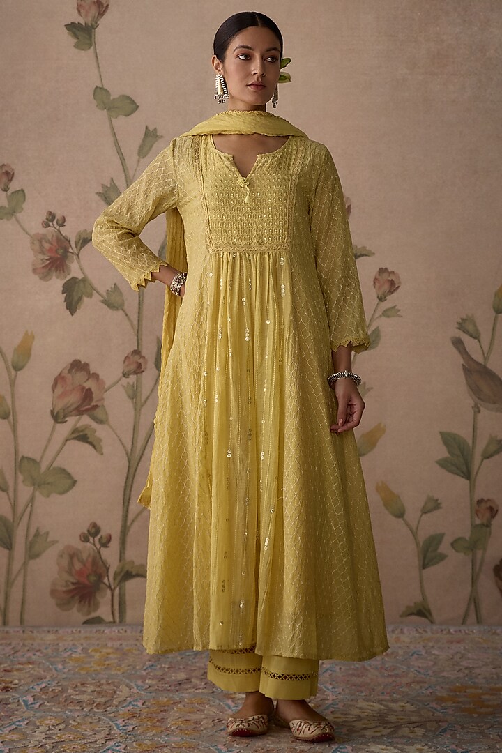 Lemon Yellow Chanderi Hand Embroidered A-Line Kurta Set by Kritika Dawar at Pernia's Pop Up Shop