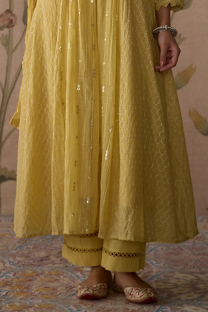Lemon Yellow Chanderi Hand Embroidered A-Line Kurta Set by Kritika Dawar at Pernia's Pop Up Shop