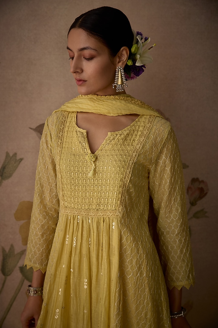 Lemon Yellow Chanderi Hand Embroidered A-Line Kurta Set by Kritika Dawar at Pernia's Pop Up Shop