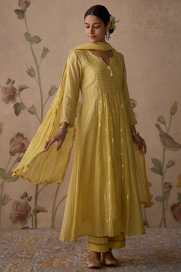 Lemon Yellow Chanderi Hand Embroidered A-Line Kurta Set by Kritika Dawar at Pernia's Pop Up Shop