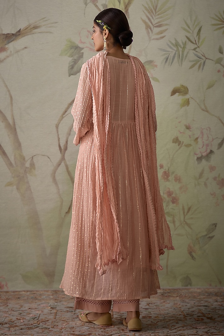 Pink Chanderi Hand Embroidered A-Line Kurta Set by Kritika Dawar at Pernia's Pop Up Shop