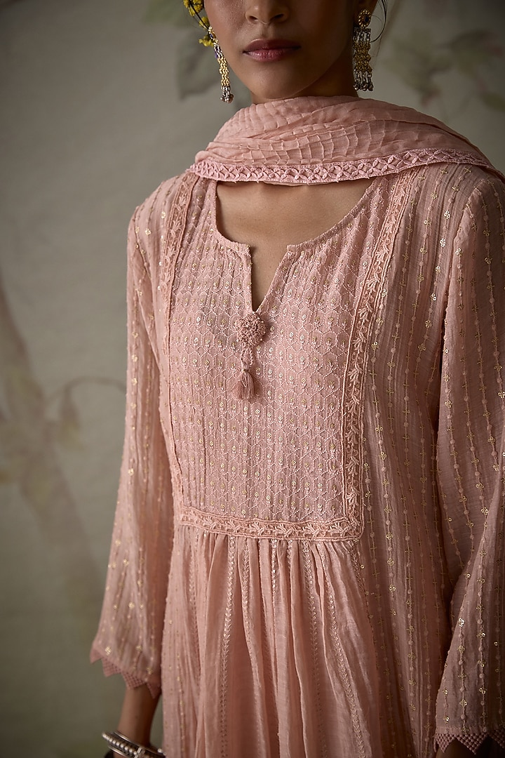 Pink Chanderi Hand Embroidered A-Line Kurta Set by Kritika Dawar at Pernia's Pop Up Shop