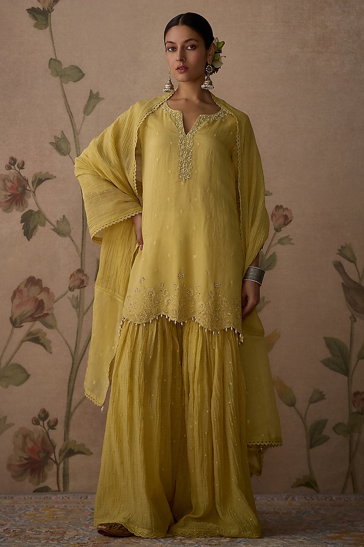 Lemon Yellow Chanderi Thread Embroidered Gharara Set by Kritika Dawar at Pernia's Pop Up Shop