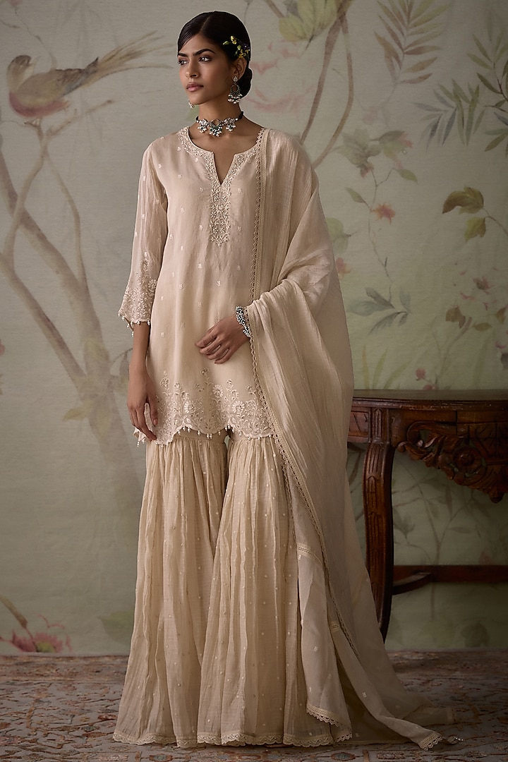 Ivory Chanderi Thread Embroidered Gharara Set by Kritika Dawar at Pernia's Pop Up Shop