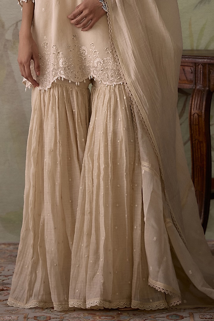 Ivory Chanderi Thread Embroidered Gharara Set by Kritika Dawar at Pernia's Pop Up Shop