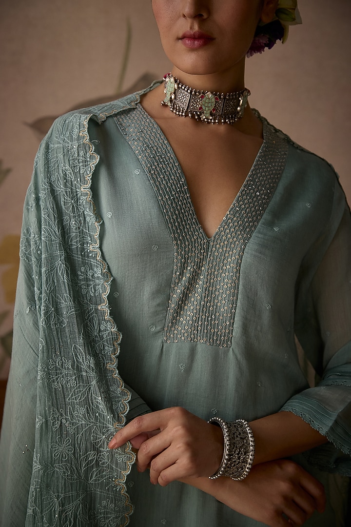 Powder Blue Chanderi Floral Hand Embroidered Kurta Set by Kritika Dawar at Pernia's Pop Up Shop