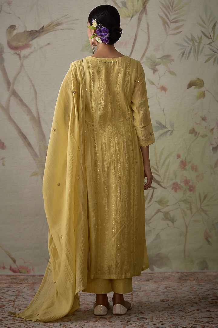 Lemon Yellow Chanderi Sequins Hand Embroidered Kurta Set by Kritika Dawar at Pernia's Pop Up Shop