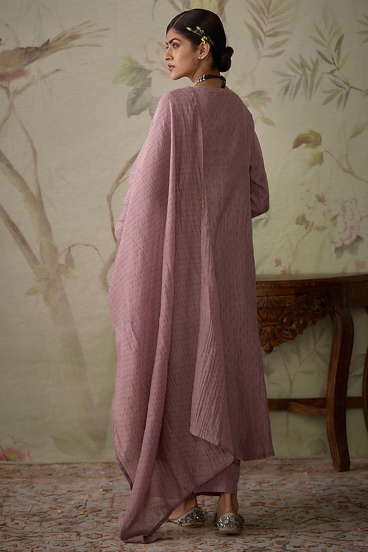 Mauve Chanderi Block Printed & Thread Embroidered Kurta Set by Kritika Dawar at Pernia's Pop Up Shop