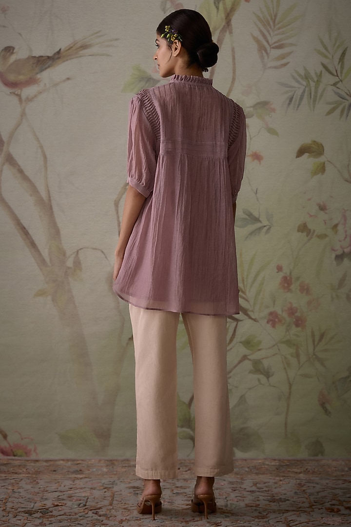 Mauve Chanderi Thread Embroidered Handwoven Short Tunic by Kritika Dawar at Pernia's Pop Up Shop