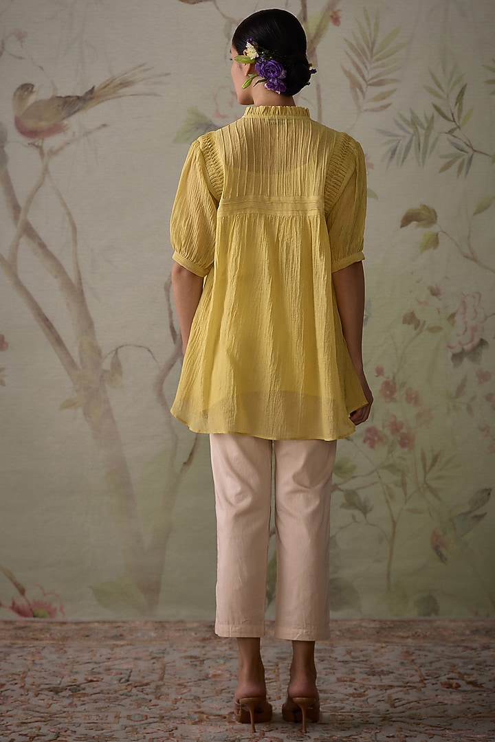 Lemon Yellow Chanderi Thread Embroidered Handwoven Short Tunic by Kritika Dawar at Pernia's Pop Up Shop