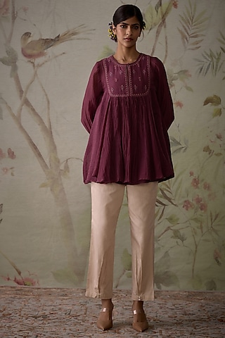 Wine Chanderi Thread Embroidered Handwoven Short Tunic by Kritika Dawar