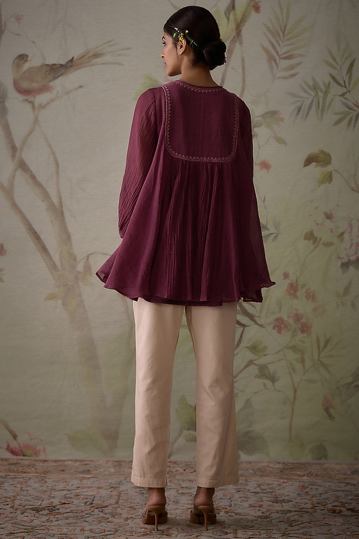 Wine Chanderi Thread Embroidered Handwoven Short Tunic by Kritika Dawar at Pernia's Pop Up Shop