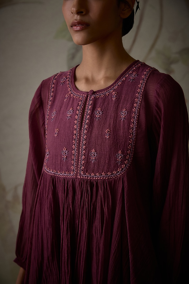 Wine Chanderi Thread Embroidered Handwoven Short Flared Tunic Set by Kritika Dawar at Pernia's Pop Up Shop