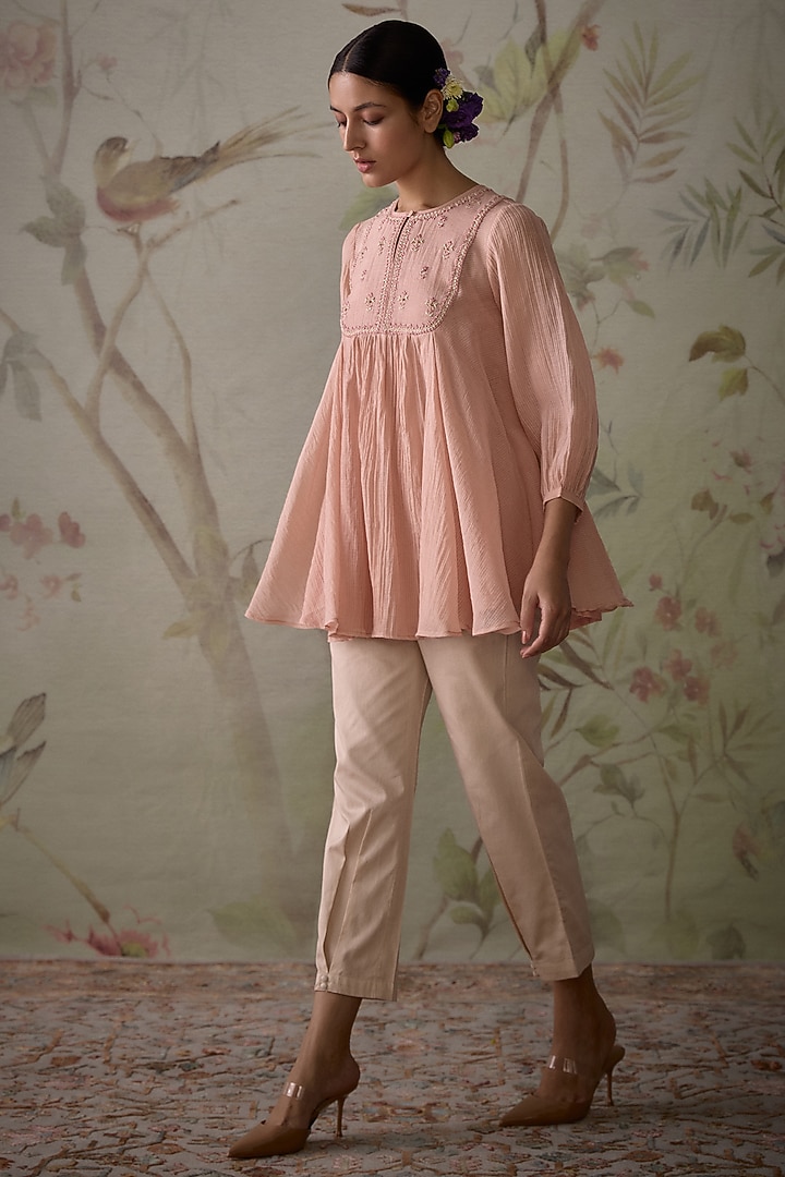 Pink Chanderi Thread Embroidered Handwoven Flared Short Tunic by Kritika Dawar at Pernia's Pop Up Shop