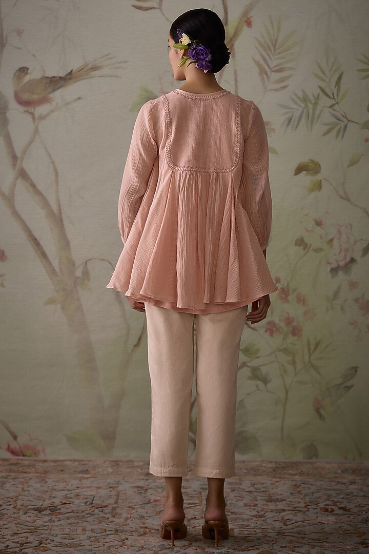 Pink Chanderi Thread Embroidered Handwoven Flared Short Tunic Set by Kritika Dawar at Pernia's Pop Up Shop