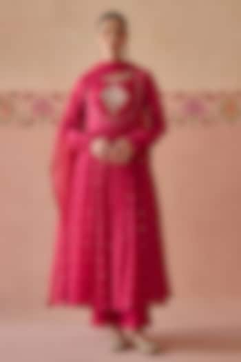Magenta Chanderi Hand Embroidered Party Wear Anarkali Set by Kritika Dawar at Pernia's Pop Up Shop