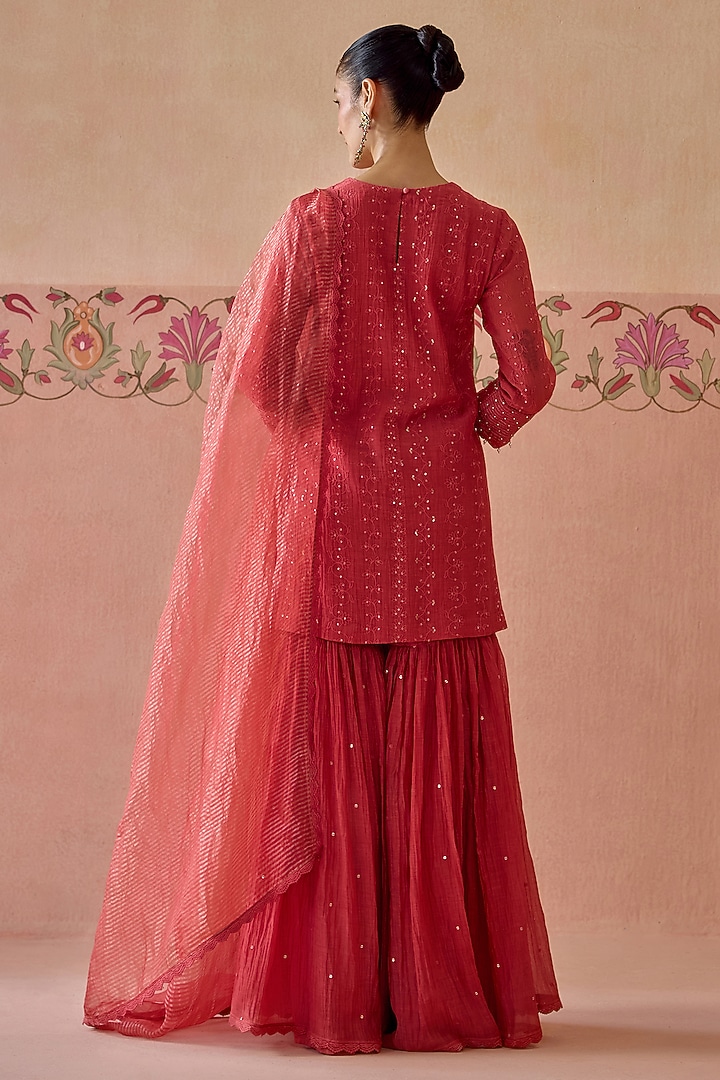 Coral Chanderi Zari Embroidered Gharara Set by Kritika Dawar at Pernia's Pop Up Shop