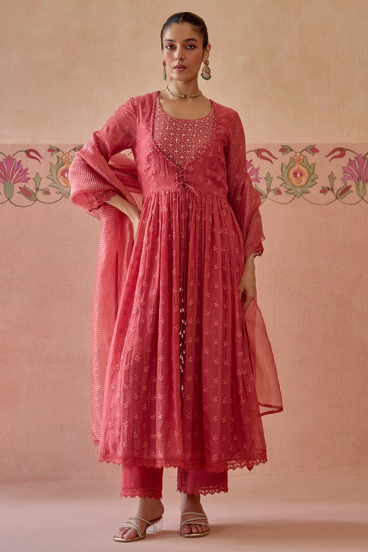 Kritika Dawar Coral Chanderi Beads Embroidered Anarkali Set