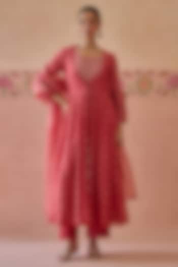 Coral Chanderi Beads Embroidered Party Wear Anarkali Set by Kritika Dawar at Pernia's Pop Up Shop