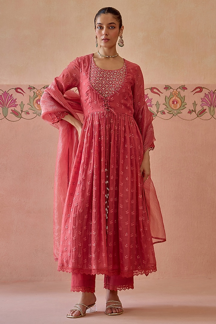 Coral Chanderi Beads Embroidered Party Wear Anarkali Set by Kritika Dawar at Pernia's Pop Up Shop