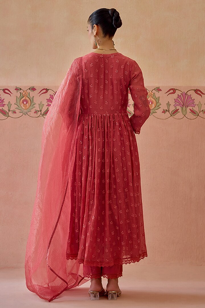 Coral Chanderi Beads Embroidered Party Wear Anarkali Set by Kritika Dawar at Pernia's Pop Up Shop