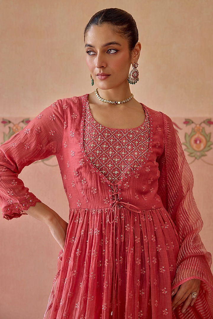 Coral Chanderi Beads Embroidered Party Wear Anarkali Set by Kritika Dawar at Pernia's Pop Up Shop