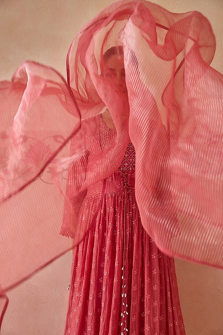 Coral Chanderi Beads Embroidered Party Wear Anarkali Set by Kritika Dawar at Pernia's Pop Up Shop