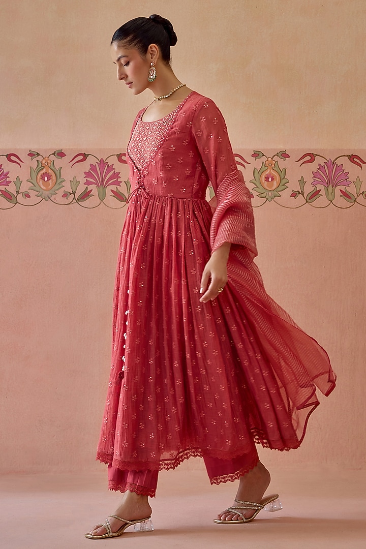 Coral Chanderi Beads Embroidered Party Wear Anarkali Set by Kritika Dawar at Pernia's Pop Up Shop