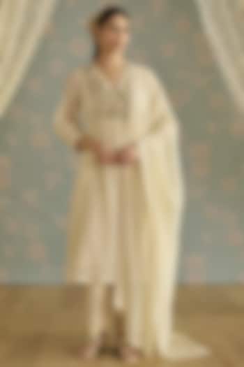Ivory Chanderi Hand Embroidered Angrakha Kurta Set by Kritika Dawar at Pernia's Pop Up Shop