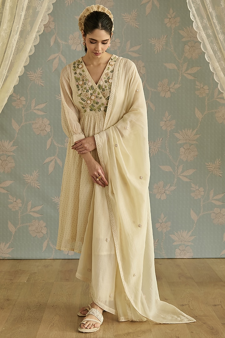 Ivory Chanderi Hand Embroidered Angrakha Kurta Set by Kritika Dawar at Pernia's Pop Up Shop