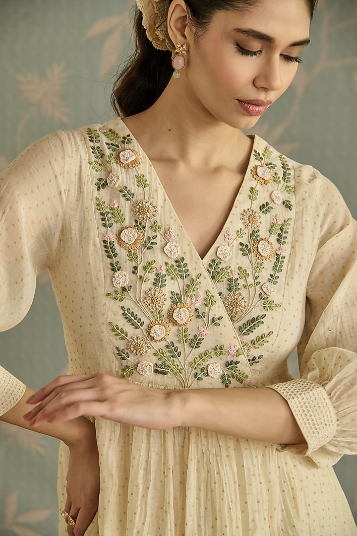 Ivory Chanderi Hand Embroidered Angrakha Kurta Set by Kritika Dawar at Pernia's Pop Up Shop