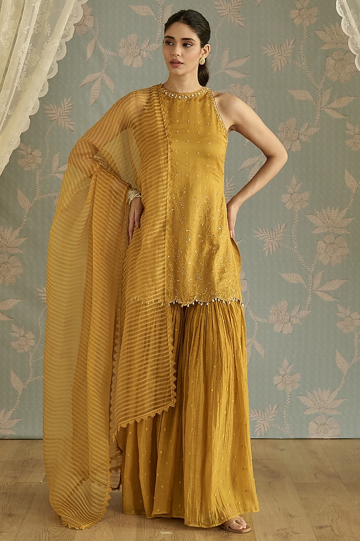 Mustard Chanderi Thread Embroidered Gharara Set by Kritika Dawar at Pernia's Pop Up Shop