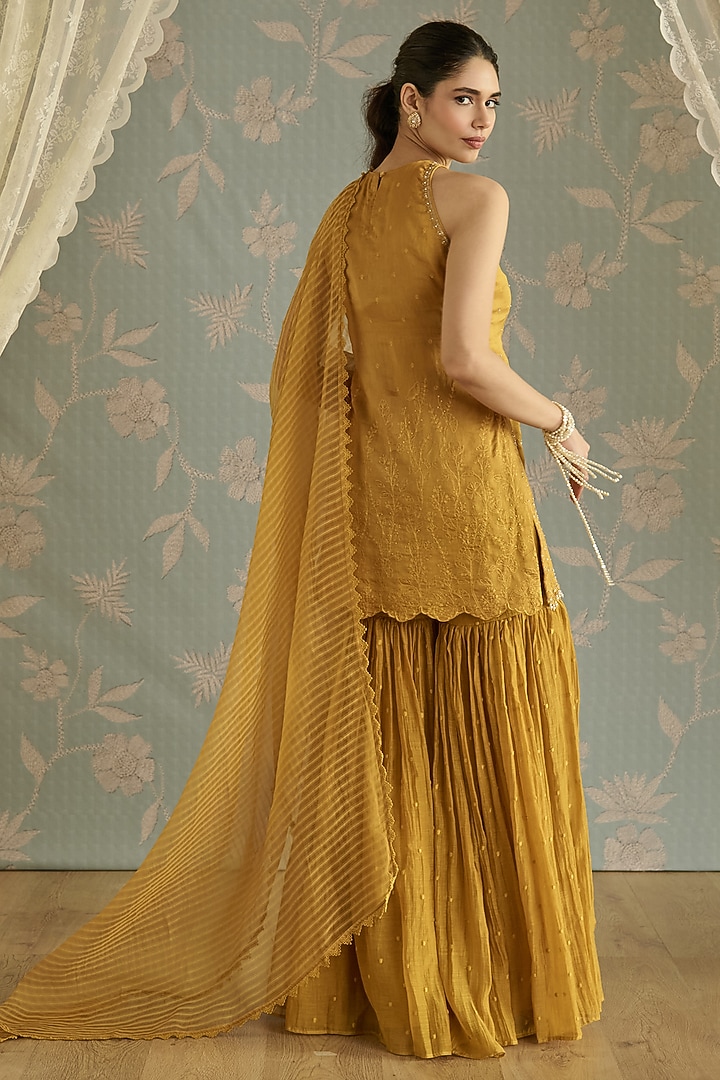 Mustard Chanderi Thread Embroidered Gharara Set by Kritika Dawar at Pernia's Pop Up Shop