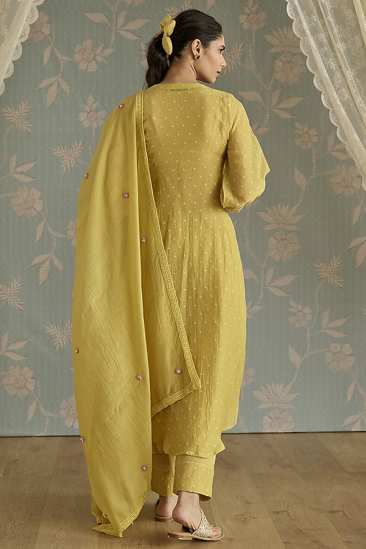 Lemon Yellow Chanderi Hand Embroidered A-Line Kurta Set by Kritika Dawar at Pernia's Pop Up Shop