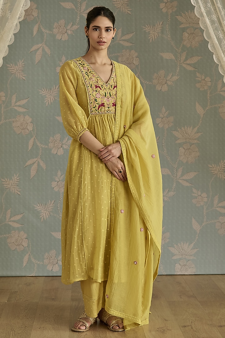 Lemon Yellow Chanderi Hand Embroidered A-Line Kurta Set by Kritika Dawar at Pernia's Pop Up Shop