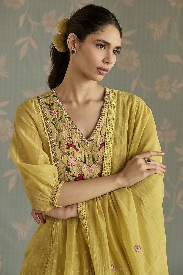 Lemon Yellow Chanderi Hand Embroidered A-Line Kurta Set by Kritika Dawar at Pernia's Pop Up Shop