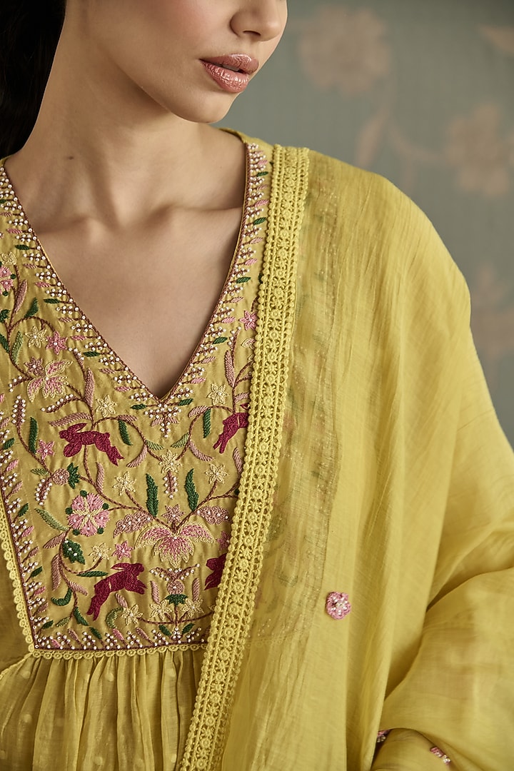 Lemon Yellow Chanderi Hand Embroidered A-Line Kurta Set by Kritika Dawar at Pernia's Pop Up Shop