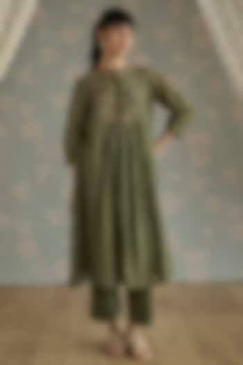 Green Chanderi Hand Embroidered Gathered Tunic Set by Kritika Dawar at Pernia's Pop Up Shop