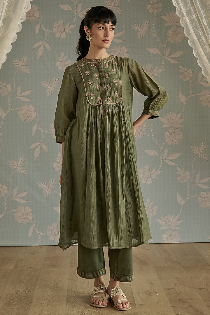 Green Chanderi Hand Embroidered Gathered Tunic Set by Kritika Dawar at Pernia's Pop Up Shop