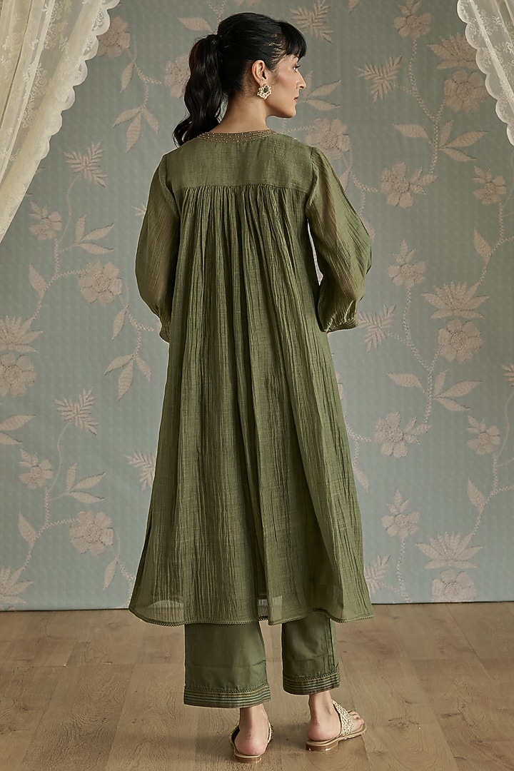 Green Chanderi Hand Embroidered Gathered Tunic Set by Kritika Dawar at Pernia's Pop Up Shop