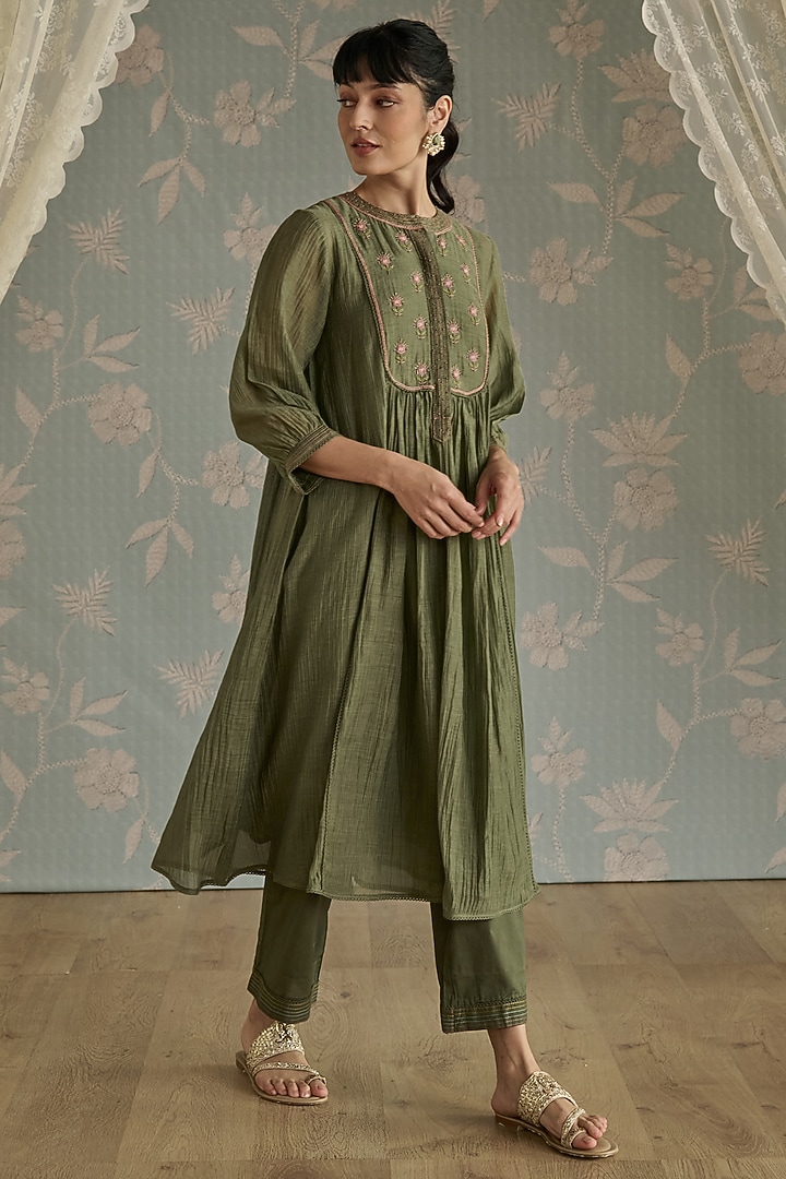 Green Chanderi Hand Embroidered Gathered Tunic Set by Kritika Dawar at Pernia's Pop Up Shop