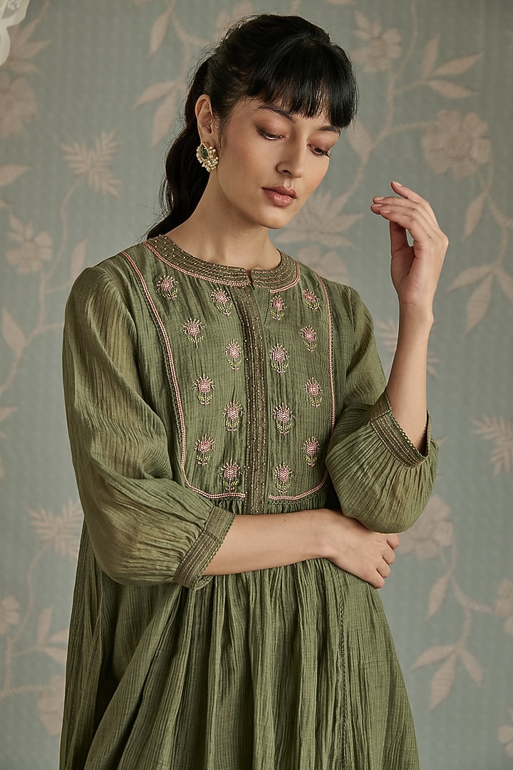 Green Chanderi Hand Embroidered Gathered Tunic Set by Kritika Dawar at Pernia's Pop Up Shop