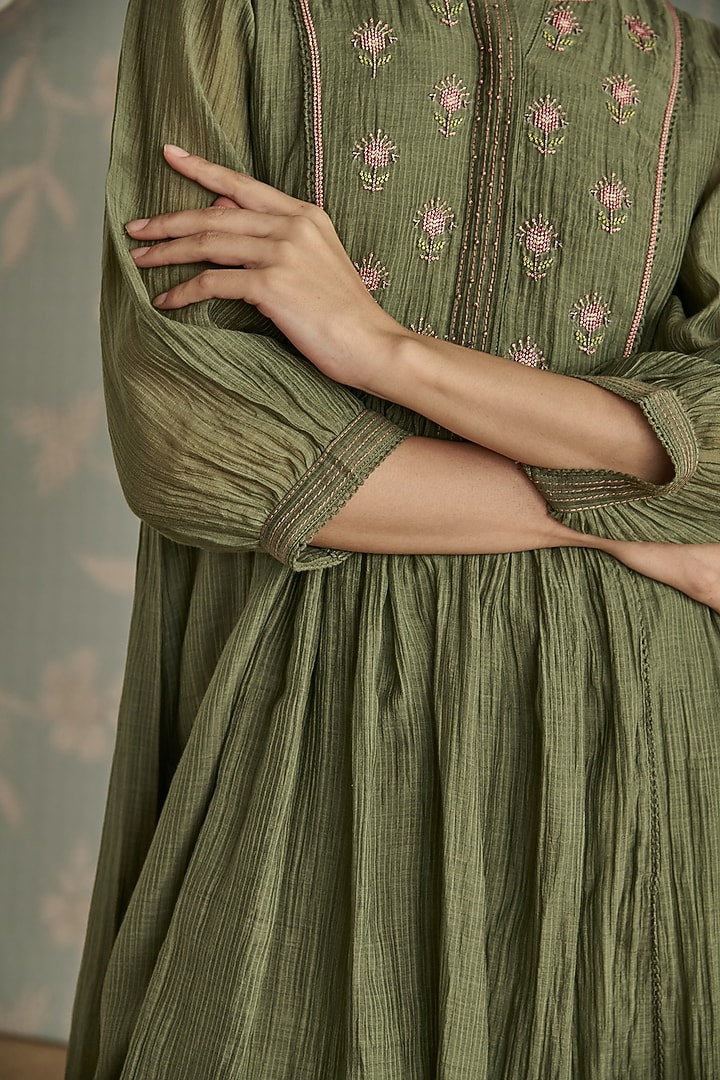 Green Chanderi Hand Embroidered Gathered Tunic Set by Kritika Dawar at Pernia's Pop Up Shop