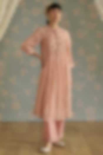 Pink Chanderi Hand Embroidered Gathered Tunic Set by Kritika Dawar at Pernia's Pop Up Shop