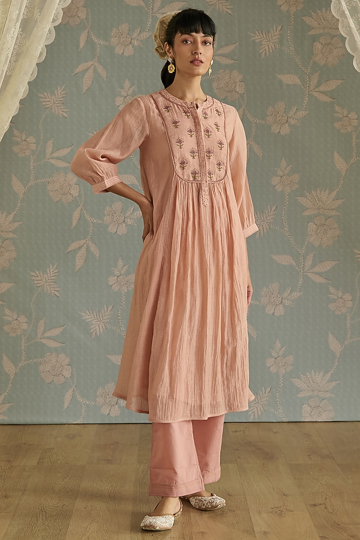Pink Chanderi Hand Embroidered Gathered Tunic Set by Kritika Dawar at Pernia's Pop Up Shop