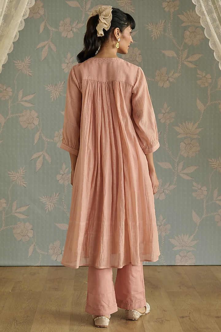 Pink Chanderi Hand Embroidered Gathered Tunic Set by Kritika Dawar at Pernia's Pop Up Shop
